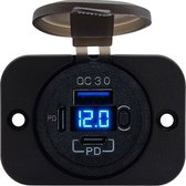 Prise USB C ProRide® 12 V 3 Portes encastrés avec interrupteur/voltmètre - QC3. 0 - Chargeur de voiture USB C, bateau et Camper - Ensemble complet - Blauw
