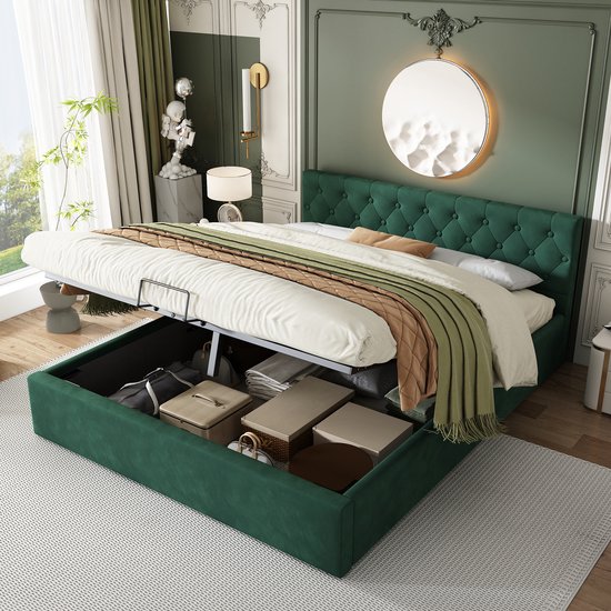Sweiko Gestoffeerd bed, grote bergruimte, Vlak noedelsframe, tweepersoonsbed, houten poten, Groen, 140 x 200 cm