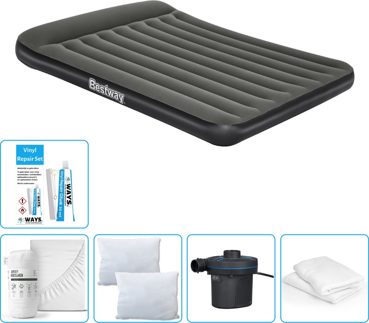 Bestway luchtbed - 2-Persoons - 152 x 203 x 30 cm - Groen - Inclusief Hoeslaken - Kussen - Kussenbeschermer - Pomp en Reparatieset