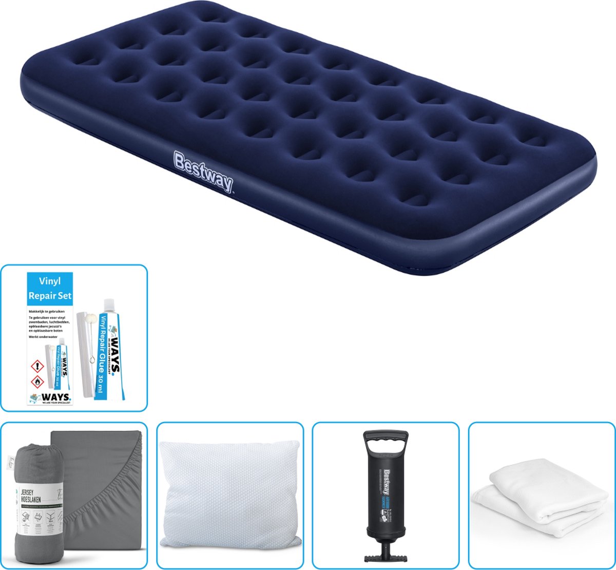 Bestway luchtbed - 1-Persoons - 99 x 188 x 22 cm - Blauw - Inclusief Hoeslaken - Kussen - Kussenbeschermer - Pomp en Reparatieset