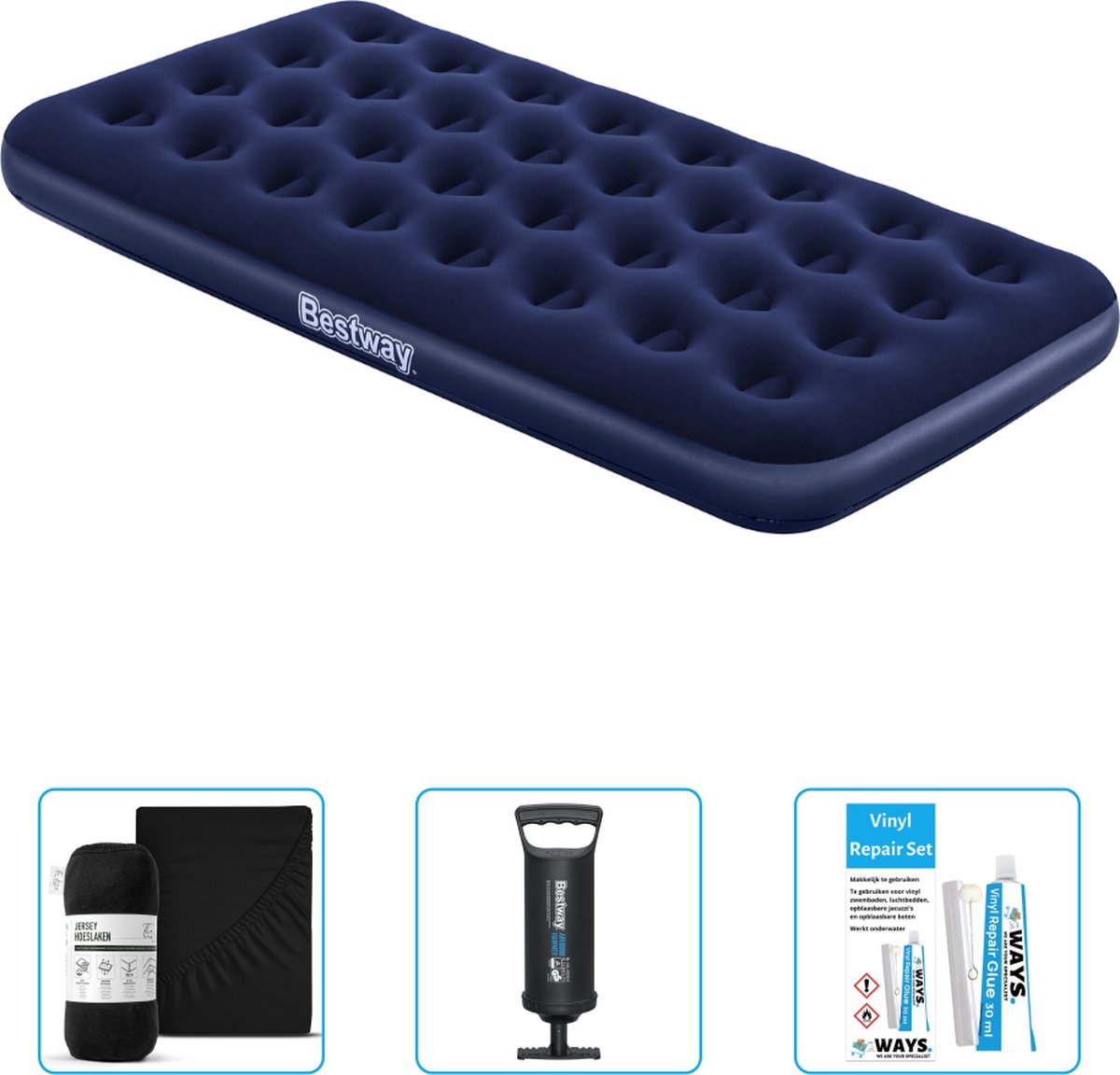 Bestway luchtbed - 1-Persoons - 99 x 188 x 22 cm - Blauw - Inclusief Hoeslaken - Pomp en Reparatieset