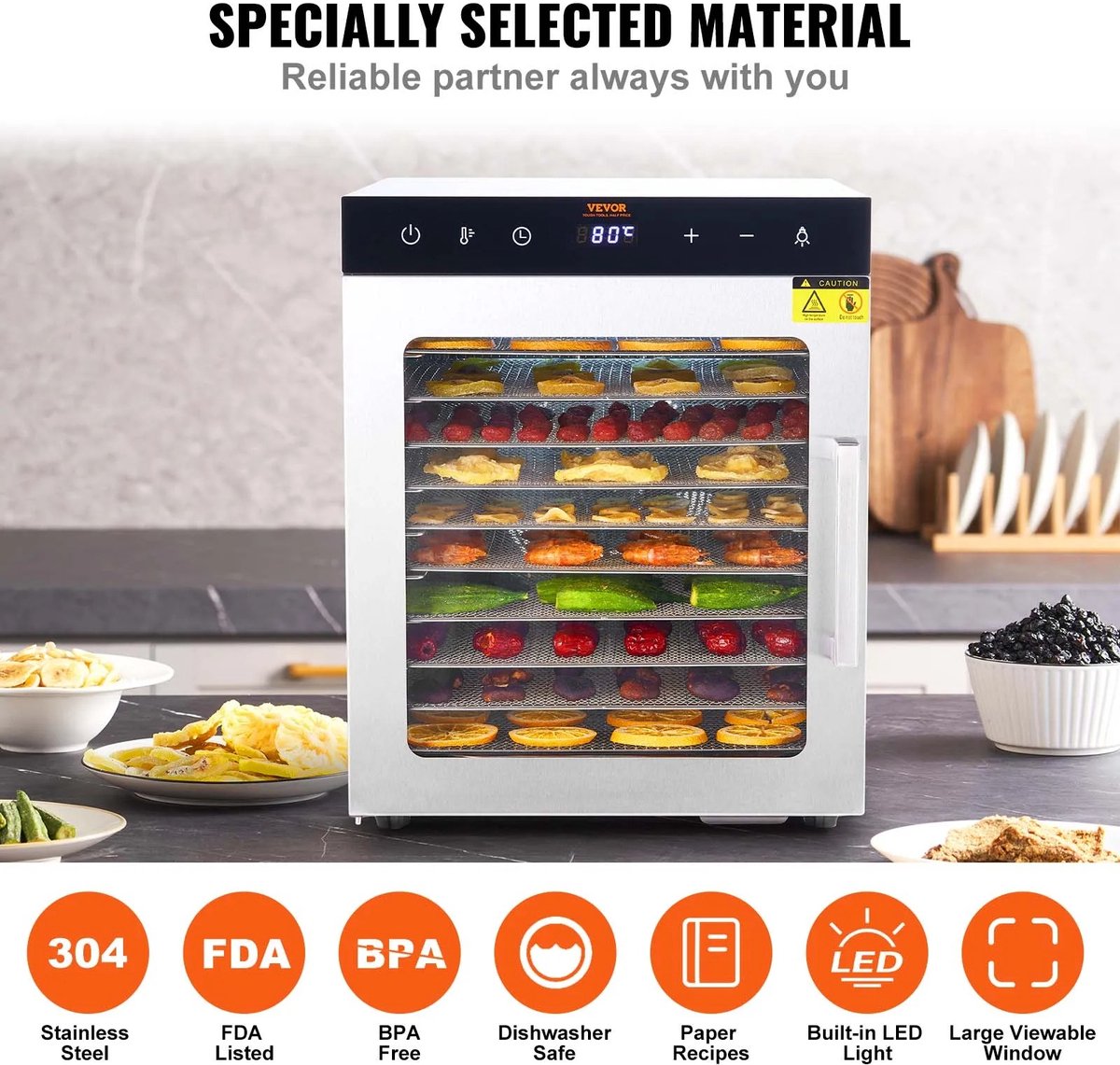 PrimePicks Voedseldroger Droogoven 360 ° Heteluchtcirculatiesysteem Dehydrator 10 Trays 800W Met Digitale Timer 30-90 °C LED Licht