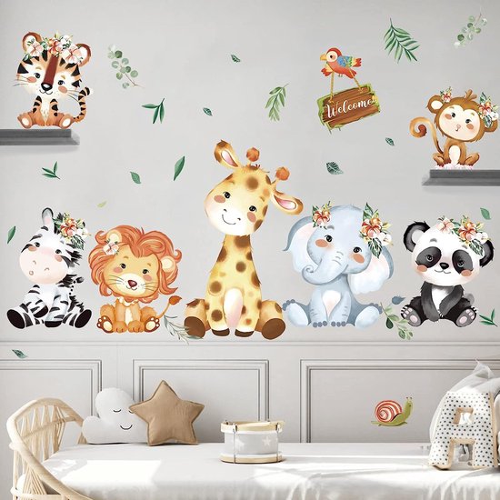 Muursticker animaux de la jungle sticker mural animaux de safari éléphant girafe sticker mural décoration murale pour chambre d'enfant garçon chambre de bébé
