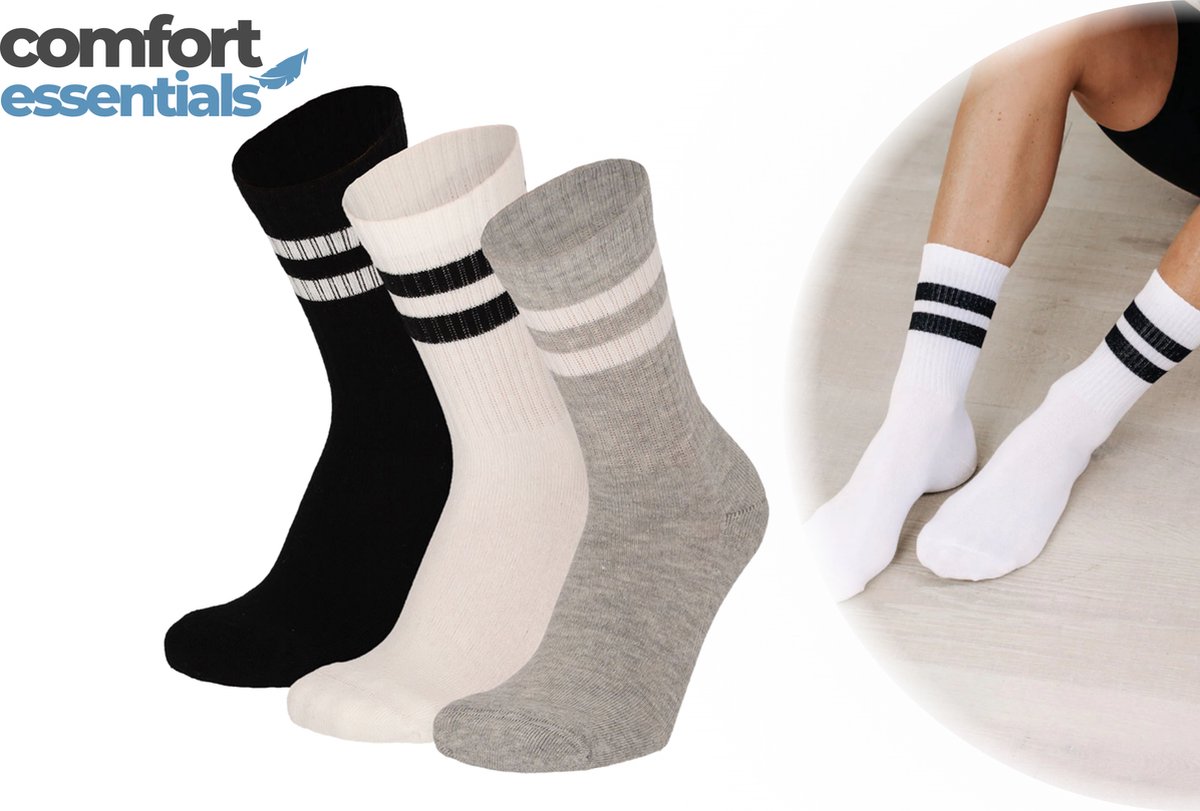 Comfort Essentials - Sportsokken Heren - 3 paar - Wit Zwart Grijs - Sportsokken Heren - Sokken met Strepen - Tennissokken Heren - Hardloopsokken Heren