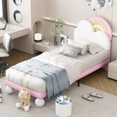 Sweiko Gestoffeerd bed 90x200 met lattenbod en hoofdeinde, matras niet inbegrepen, jeugdbed, houten lattenbod, eenvoudige installatie, in hoogte verstelbaar hoofdeinde, PU, roze