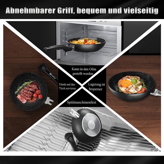 Collage van Royalty Line producten: pan in oven, biefstuk in pan, gebakken ei in pan, pan in vaatwasser.