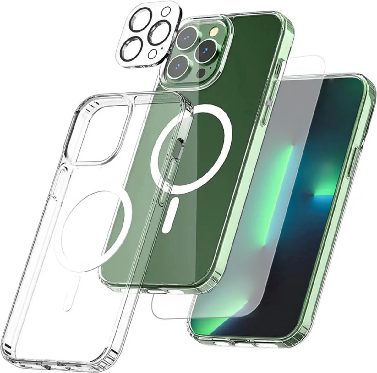 Techgrip - 3in1 Set Hoesje geschikt voor iPhone 12ProMax Magsafe Compatible Transparant - Inclusief HD 9H Screenprotector Tempered Glass en Camera protector Bescherm Glas
