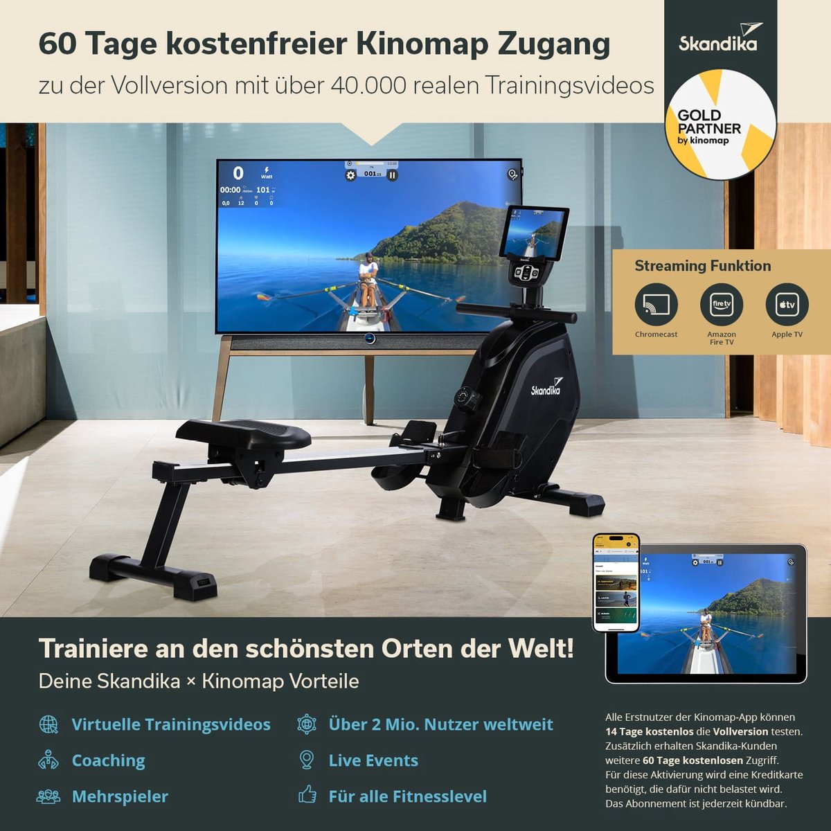 Afbeelding 2 van Skandika Munin Roeimachine – Roeitrainers - Roeiapparaat – Fitness voor thuis, met 16-niveau magnetische weerstand – 8 kg vliegwiel massasysteem - Gebruikersgewicht 135 kg – Kinomap App Compatible - Opvouwbaar – Roeimachines - zwart