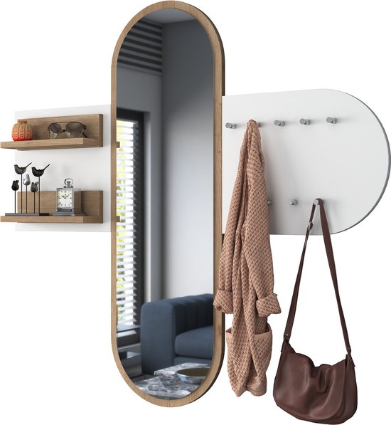 Wren wandkapstok met spiegel | multifunctionele hanger | wit walnoot