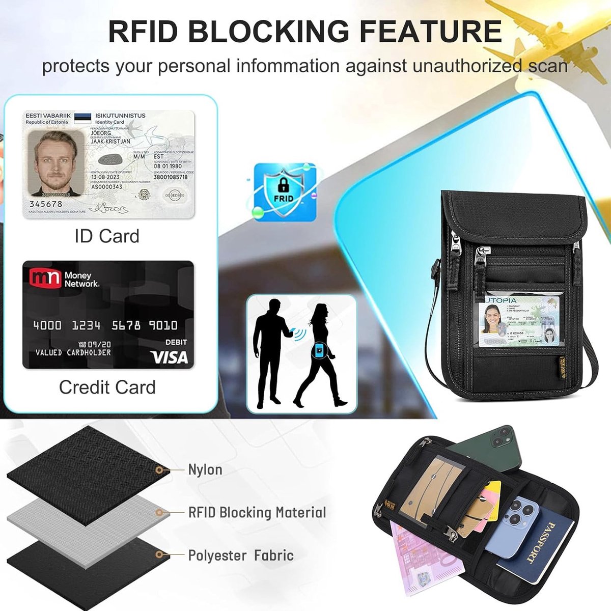 Tcdwla Documententas, reistas met RFID-blokkering, mobiele telefoonhouder, reisportemonnee, waterdicht, paspoorthouder, Blauw, M