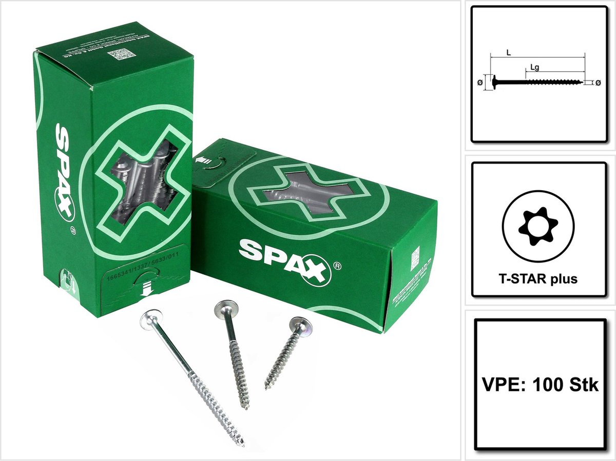 SPAX HI.FORCE platkopschroef 8,0 x 220 mm 100 stuks ( 2x 0251010802205 ) gedeeltelijke schroefdraad Torx T-STAR plus T40 4CUT WIROX