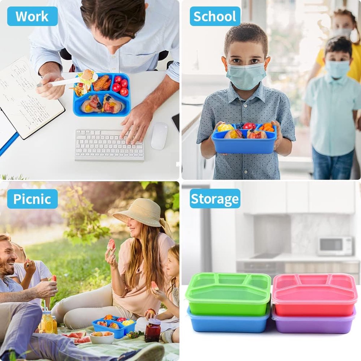 MUJUZE Lunchbox Voor Volwassenen En Kinderen Met Bestekset, Bento Box Met 3 Compartimenten Lekvrij Vaatwasmachinebestendig Broodtrommel Voor School Werk Picknick Reizen