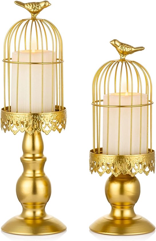 Vintage Bruiloft vogelkooi kaarsenhouder, gouden vintage kandelaarhouders set van 2 voor bruiloft kaars centerpieces voor tafels, ijzeren shabby chic pijler kaarsenhouder voor bruiloft feest