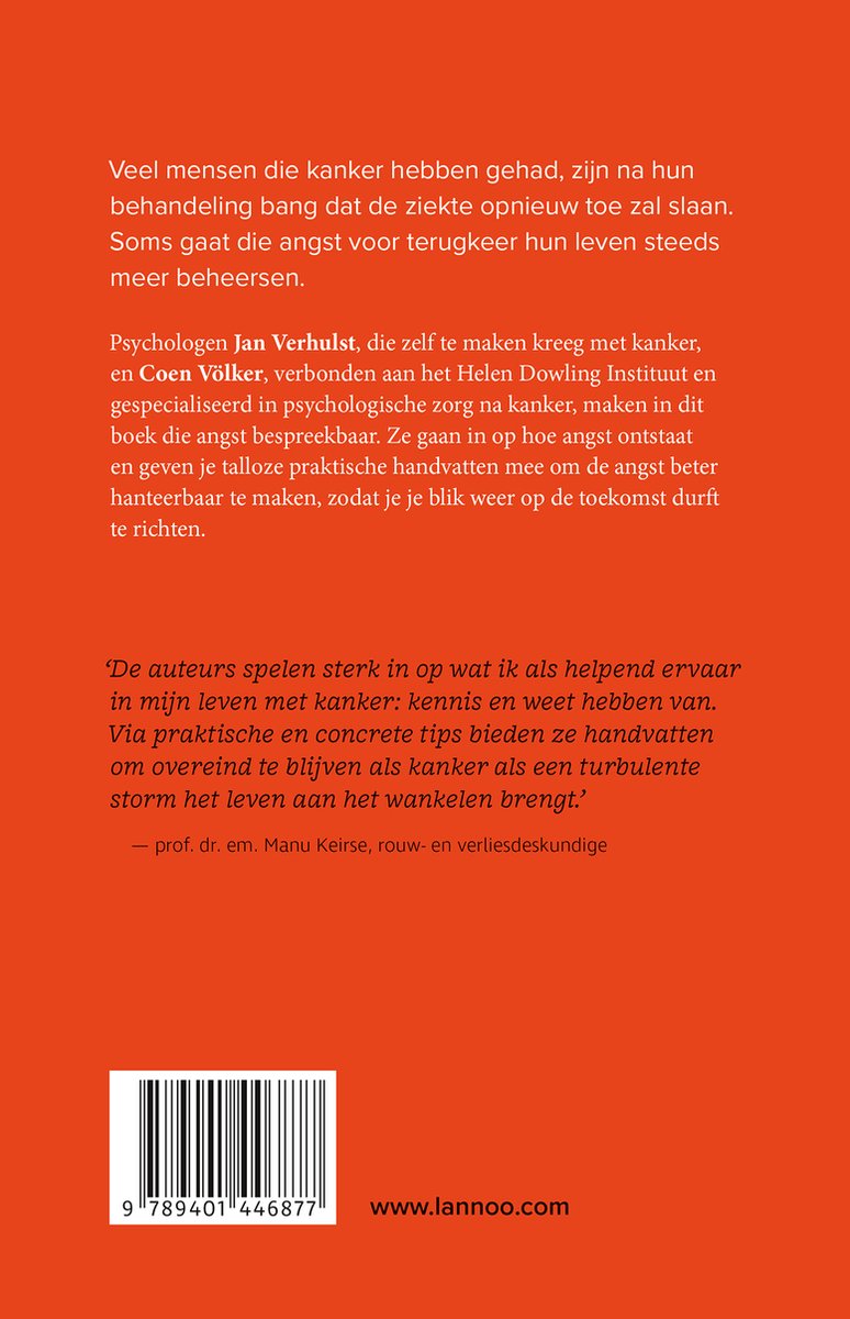 Achterkant boek 'Angst na kanker' met tekst en een barcode.