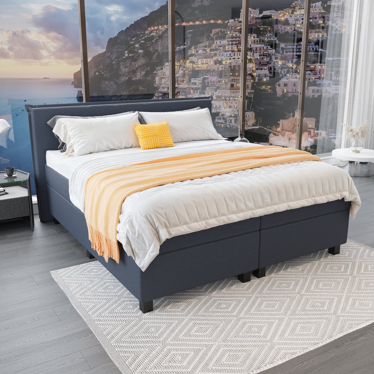 Mörgenn Boxspring Capri - Pocketvering Boxen en matrassen - Luxe 12cm topper - Donkerblauw - 200x210 cm - Inclusief Dekbed en Kussens
