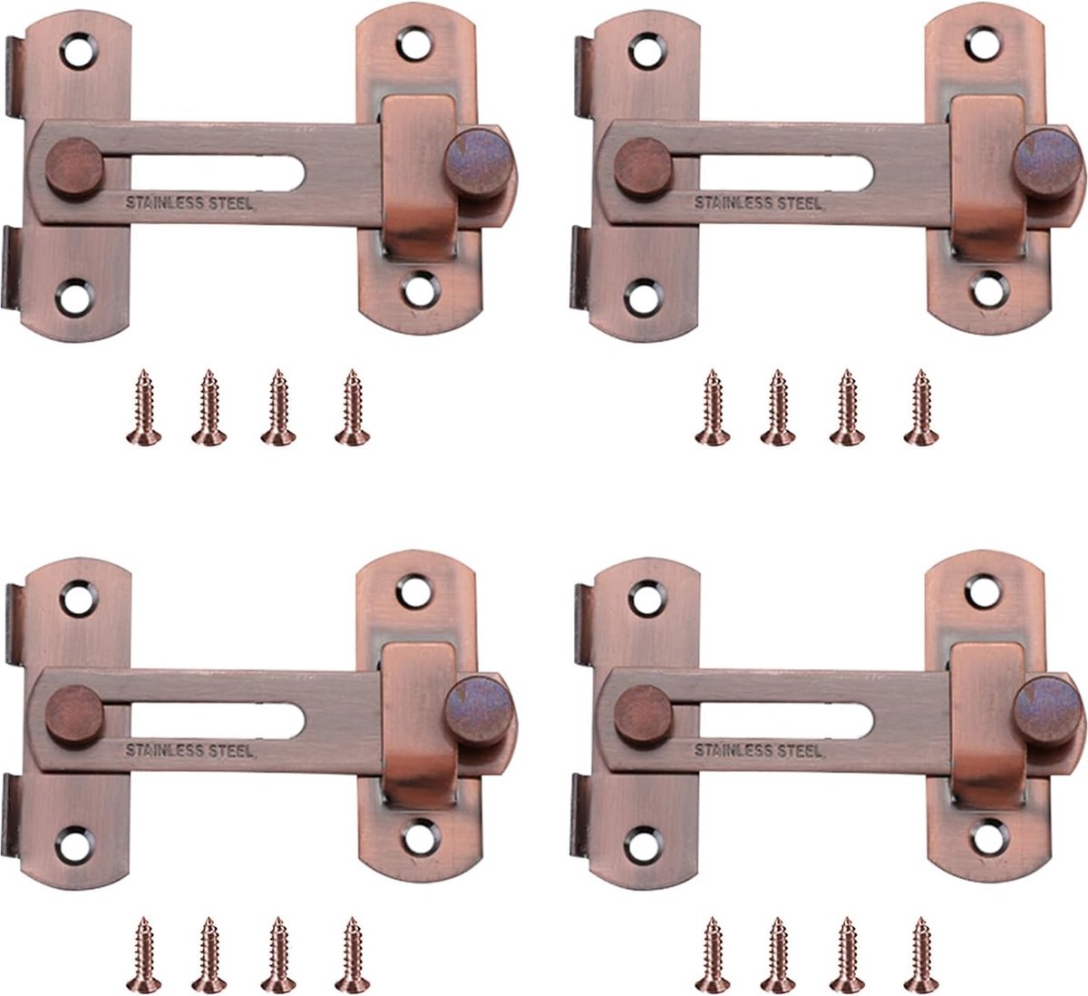 Deurslot, 4 stuks roestvrijstalen deurvergrendeling, stalen veiligheidsslot, boutslot, klapvergrendeling voor ramen, kasten en deur (rood brons)