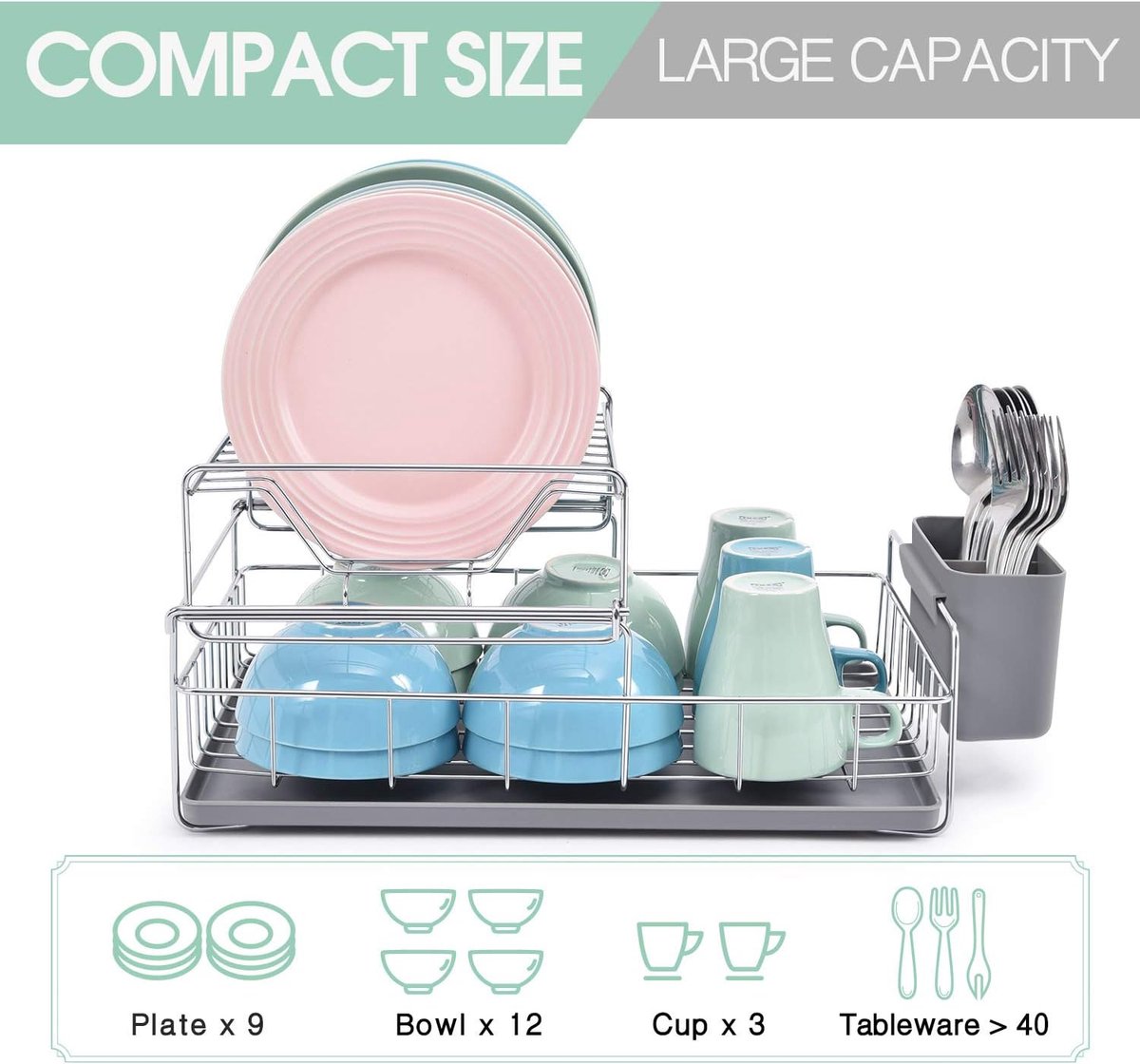 Goedkoopste Afdruiprek met 2 niveaus, stalen afdruiprek met verwijderbare bestekhouder en lekbak, compact afdruiprek, afdruiprek, opbergrek voor keukenbenodigdheden, grijs