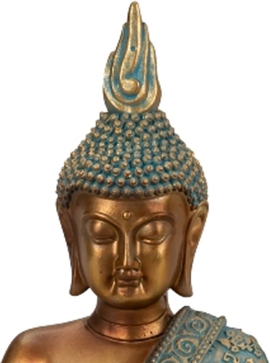 Gouden Boeddhabeeld met turquoise hoed, met jade-kleurige details.
