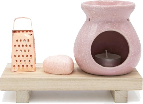 Ideas4seasons Amberblokjes/geurblokjes cadeau set 4-delig - rozen geur - incl. geurbrander en rasp