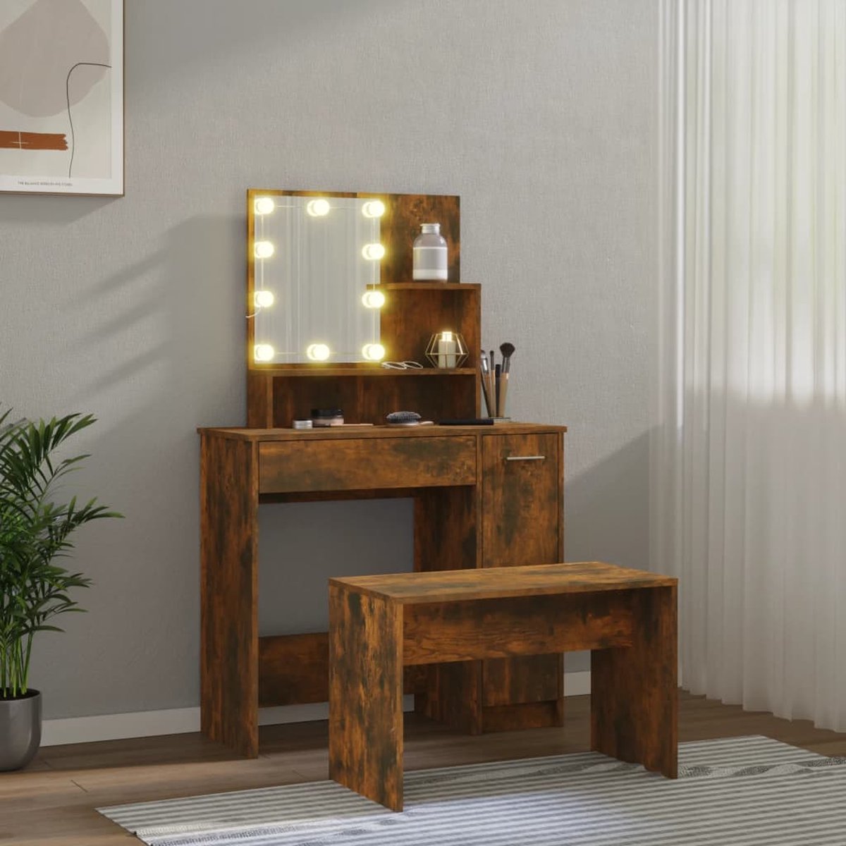 Kaptafel met spiegel en verlichting - Make up tafel - Make up - Toilettafel -Met lades - Bankje - 86,5 x 35 x 136 cm - Gerookt eiken