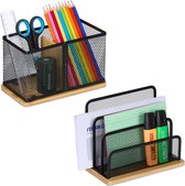 Relaxdays bureau organizer set 2-delig - pennenbak - brievenbak - bamboe en metaal - zwart
