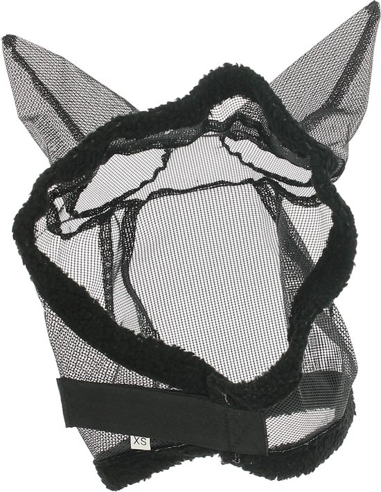 Zwart vliegenmasker met oren, teddy voering en klittenbandsluiting met 'XS' label.
