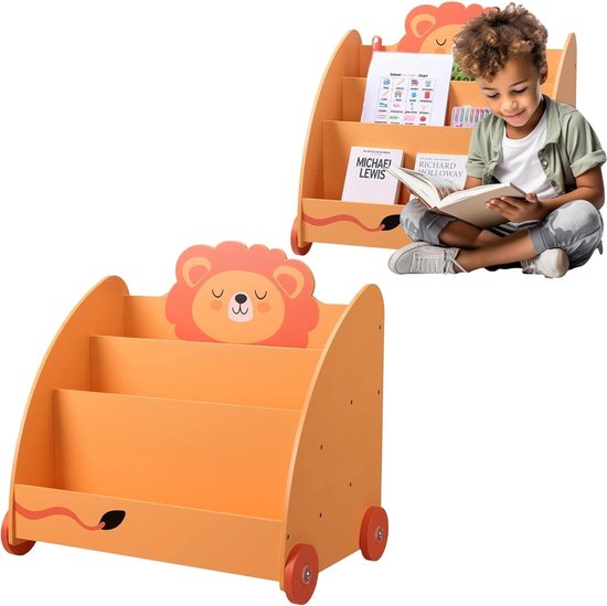 boekenkast kind met wieltjes - Houten boekenrek voor de kinderkamer met 3 vakken - 60 x 58 x 40 cm - Organizer voor boeken en speelgoed oranje