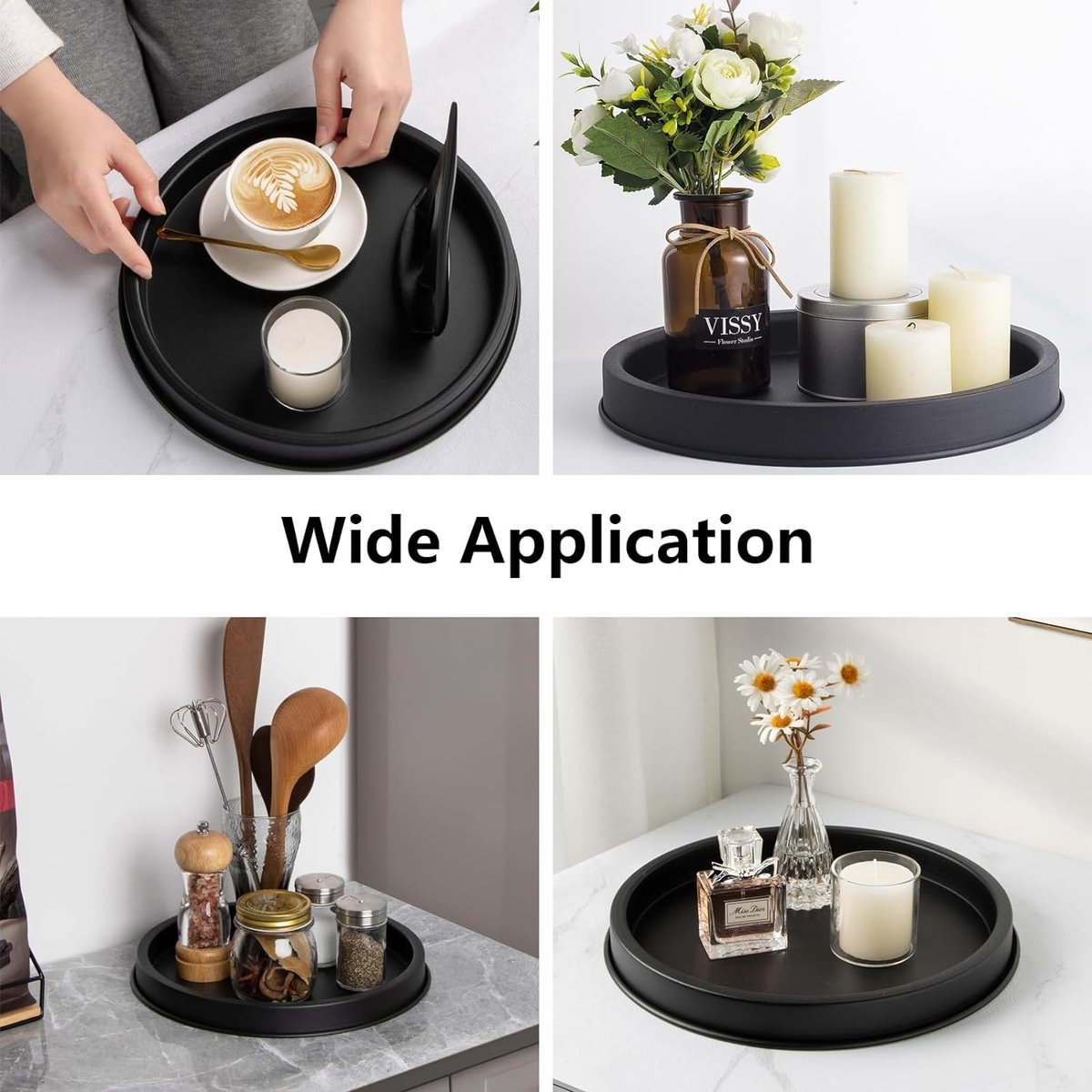 Plateau Décoratif Rond En Métal Noir 29 Cm - Finition Mate, Pieds Mousse - Pour Présentation Centre De Table, Déco Salon/salle De Bain