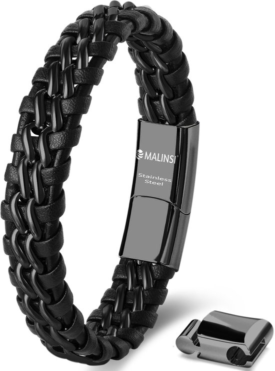 Malinsi Bracelet Homme - Strong Cuir Inoxydable Tressé Zwart Double Fort - Bracelet Homme 20 + 2cm Extension