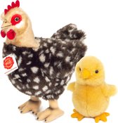 Hermann Teddy Pluche kip knuffel - 24 cm - multi kleur - met een kuiken van 10 cm - kippen familie - Pasen decoratie/versiering