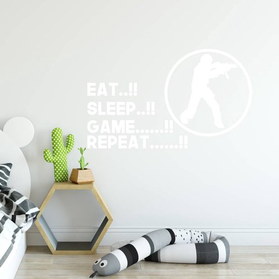 Sticker Muursticker Eat Sleep Game Repeat - Bleu foncé - 120 x 71 cm - Muursticker4Sale