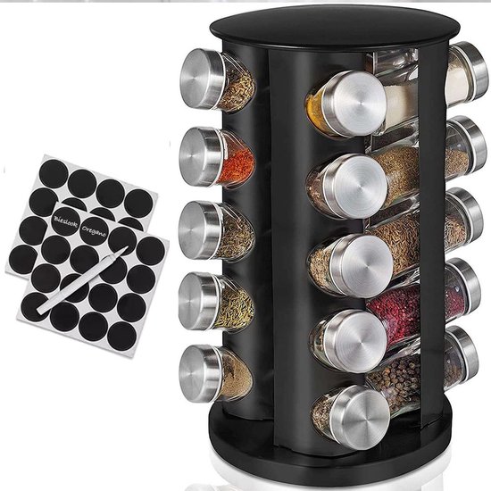Râtelier à épices noir avec 20 bocaux en verre, remplis de diverses épices. Autocollants inclus.