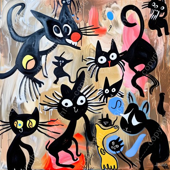 JJ-Art (Canvas) 60x60 | Collage van poezen, humor, Herman Brood stijl, abstract, kunst | dier, poes, kat, vierkant, blauw, rood, bruin, modern | Foto-Schilderij canvas print (wanddecoratie)