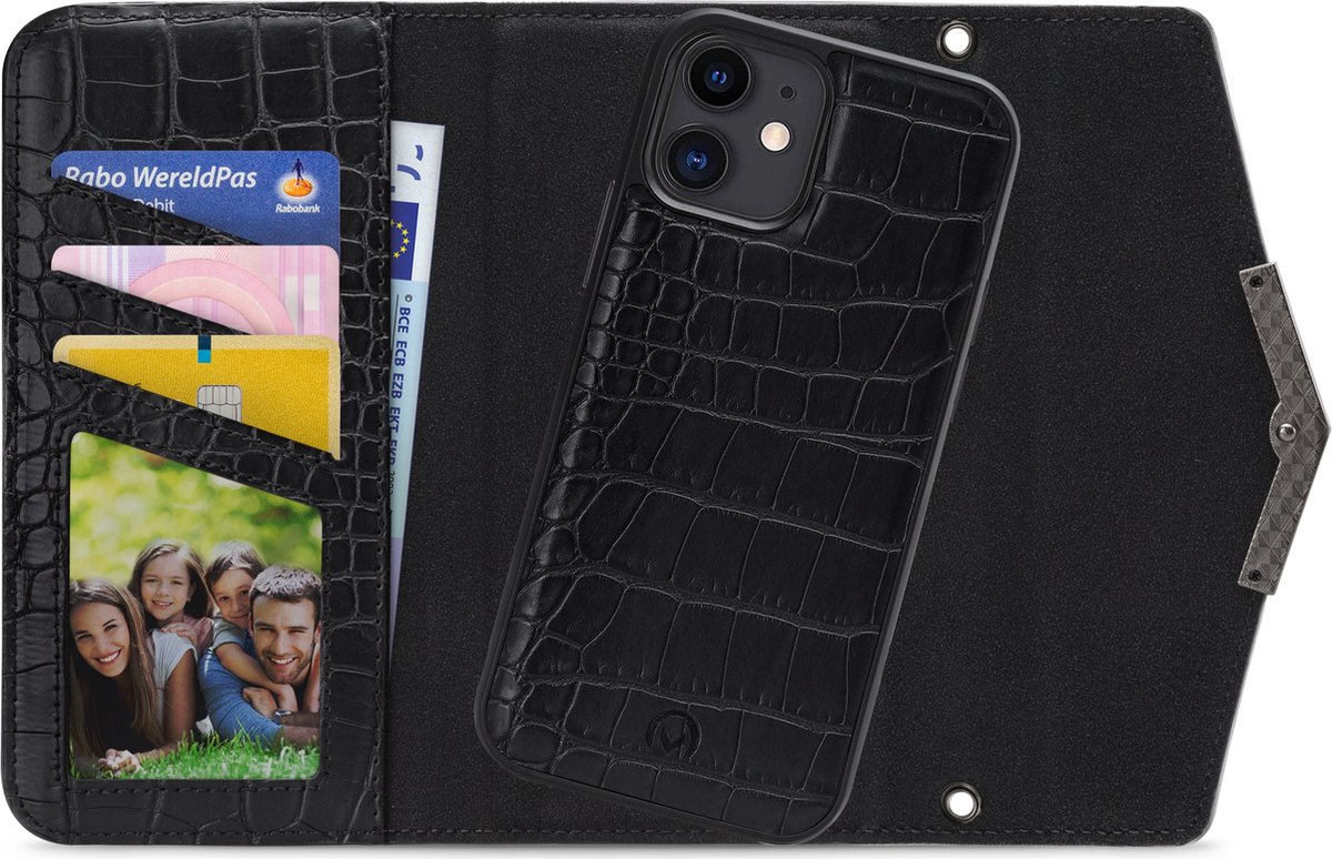 Mobilize Telefoonhoesje geschikt voor Apple iPhone 11 Hoesje | Mobilize Elegant Magnet Uitneembare 2in1 Clutch | Pasjeshouder voor 3 Pasjes | Telefoonhoesje voor Pinpas / OV Kaart / Rijbewijs - Black Croco | Zwart