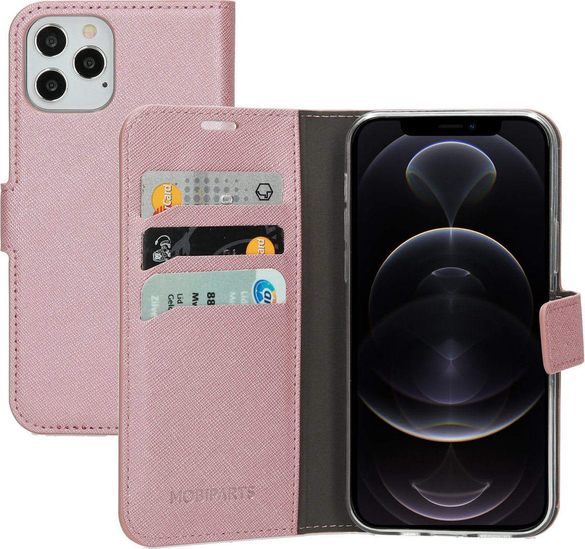 Mobiparts Telefoonhoesje geschikt voor Apple iPhone 12 Pro Hoesje | Mobiparts Saffiano Wallet Bookcase Portemonnee | Pasjeshouder voor 3 Pasjes | Telefoonhoesje voor Pinpas / OV Kaart / Rijbewijs - Roze