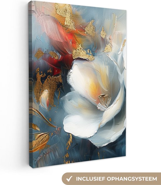 Canvas schilderij 80x120 cm - Wanddecoratie Bloemen - Wit - Goud - Kunst - Abstract - Muurdecoratie woonkamer - Kamer decoratie modern - Abstracte schilderijen