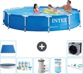 Intex Rond Frame Zwembad - 366 x 76 cm - Blauw - Inclusief Afdekzeil - Onderhoudspakket - Zwembadfilterpomp - Filter - Schoonmaakset - Vloertegels - Warmtepomp