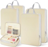 Koffer-organizerset, 5-delig, compressiepakkubussen voor reizen, Compression Packing Cubes, paktassen, kledingtassen voor koffer, reisorganizer, beige