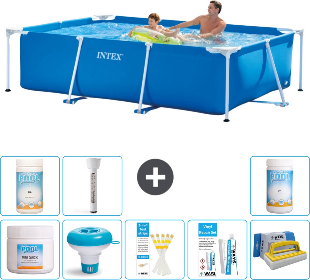 Intex Rechthoekig Frame Zwembad - 260 x 160 x 65 cm - Blauw - Inclusief Chloor - Chloordrijver - Testrips - Reparatiesetje - Scrubborstel - PH-waarde - PH-waarde - Thermometer