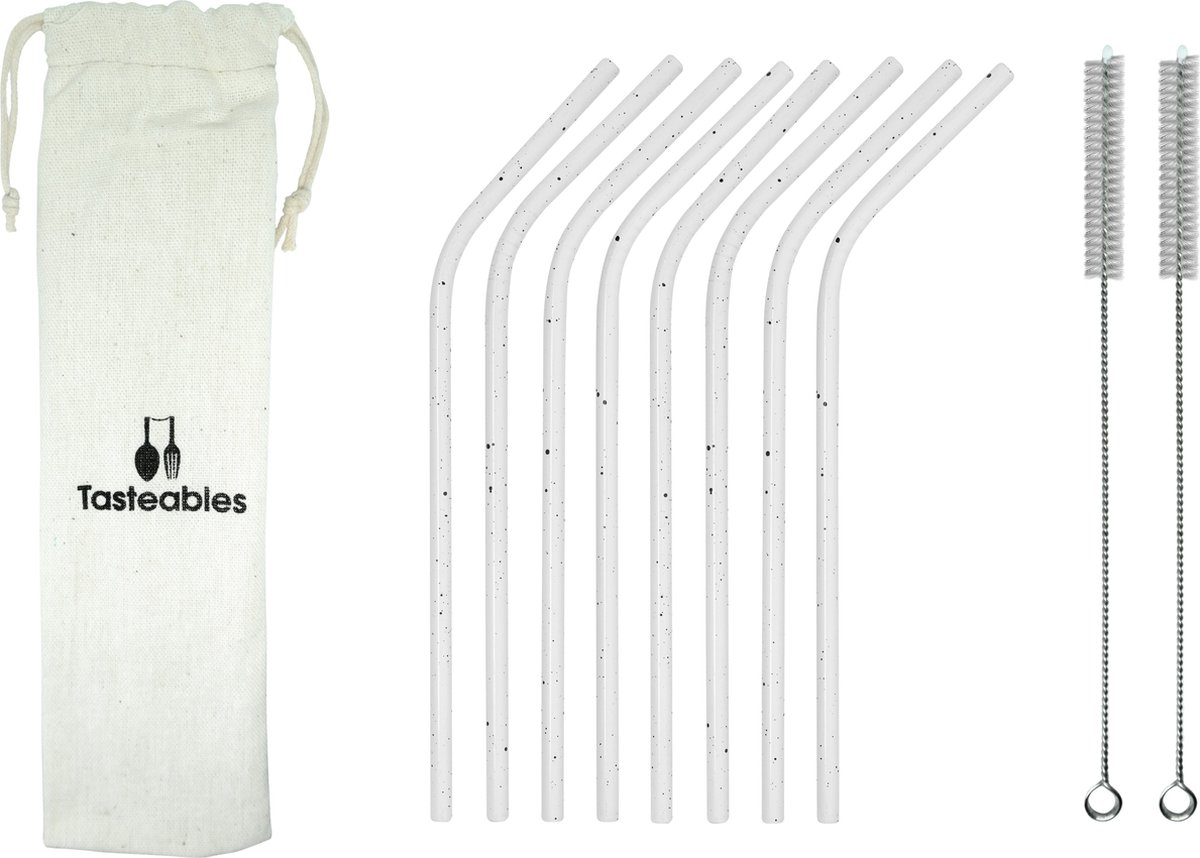 RVS Rietjes Gebogen - Cocktail Rietjes - Tasteables - Set van 8 - Duurzaam - Herbruikbaar - Reinigingsborstel - 200mm lengte - Wit met zwart