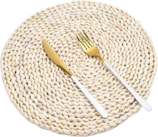 Placemat van zeegras - waterhyacint, set van 6 placemats, afwasbaar, 35 cm, rond (maïsschaal, 12 stuks)