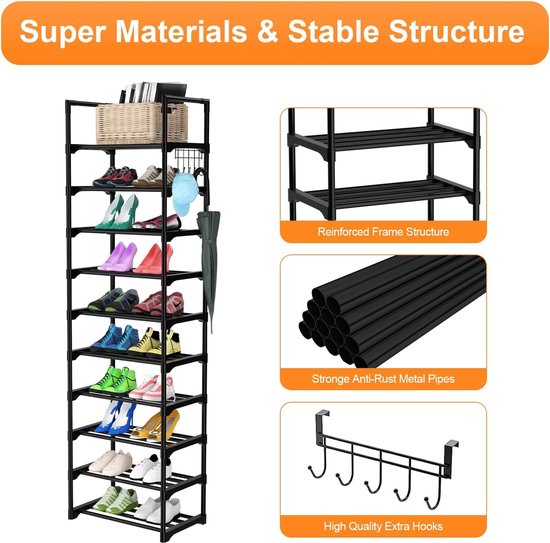 HOOBRO Shoe Rack 10 Levels, Narrow Shoe Cabinet, Shoe Organiser with Doors, Plastic, DIY Rack for Entrance, Bedroom, Hallway, White, EWT11SC01G1