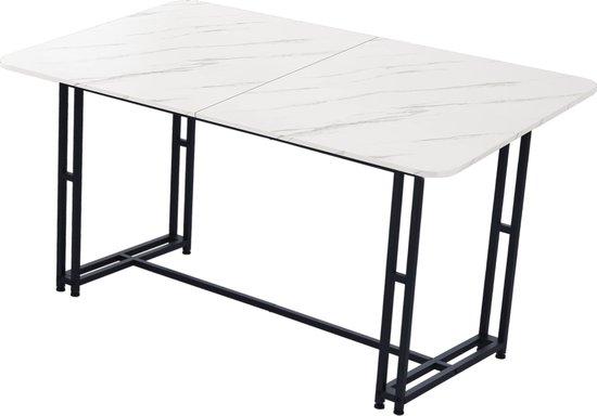 Merax Eettafel 140x80cm - Tafel in Marmerlook - Keukentafel met Metalen Poten - Wit met Zwart