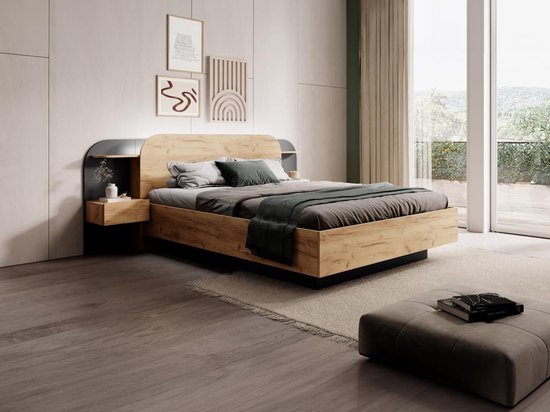 Bed met nachtkastjes - 160 x 200 cm - Ledverlichting - Houtlook en antraciet bedbodem - LAONILE