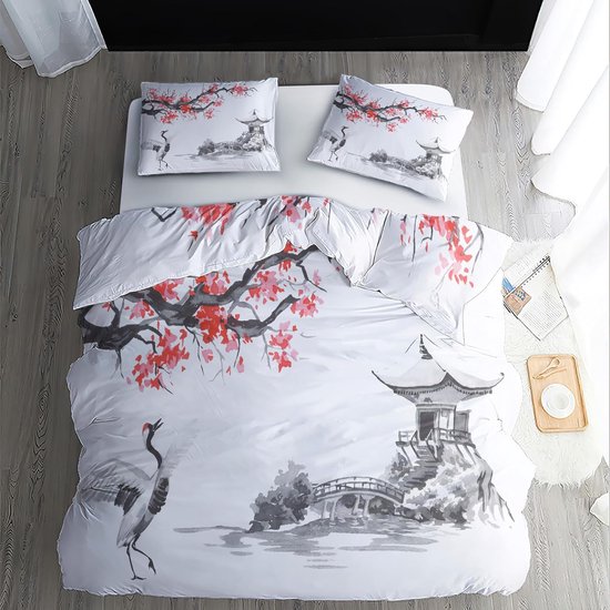 Kersenbloesem beddengoedset, 3D kersenbloesem Japanse stijl romantische stijl microvezel roze bedrukt verborgen ritssluiting 1 dekbedovertrek 2 kussenslopen - 220 x 240 cm - 65 x 65 cm