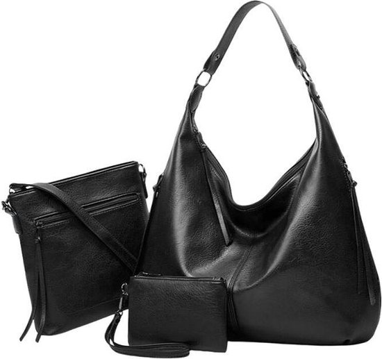 Tassenset Mila Zwart - damestassen - leerlook - schoudertas - crossbodytas - portemonnee - set van 3