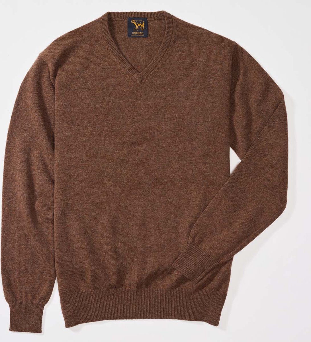 Osborne Knitwear Trui met V hals - Sweater heren in Lamswol - Pullover Heren - Tobacco - 2XL