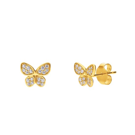 Lucardi Ladies Silver plaqué or clous d'oreilles papillon zircone - Boucles d'oreilles - Argent 925 - Doré