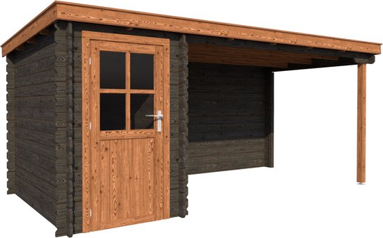 BlokhuttenOutlet.nl Blokhut met overkapping lessenaar dak 150 x 250 + 350cm in black wash met brown wash