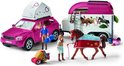 Roze auto met dakkoffer en paardentrailer met afbeeldingen van ruiters. Met figuren en accessoires.